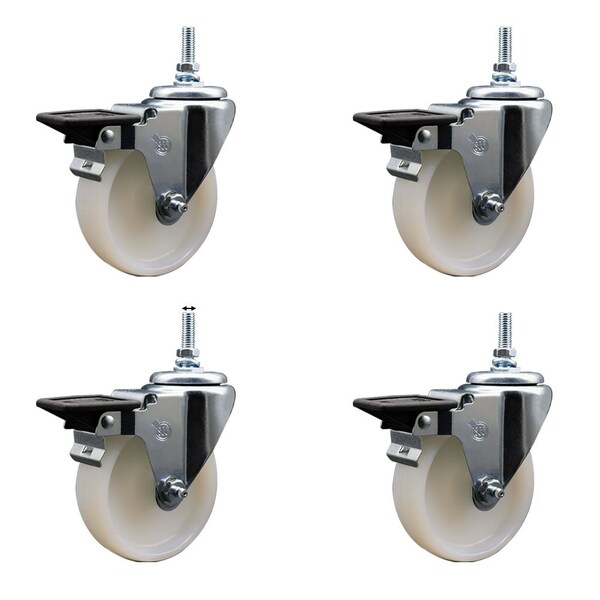 4 Inch Nylon 12 MM Threaded Stem Caster Set with Brake